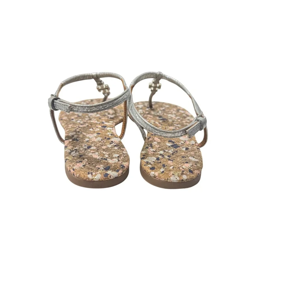 Tory Burch Marion Silver Metallic T-Strap Cork Logo Sandals Shoes‎ Womens 10M
